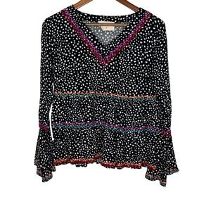Savanna Jane Polka‎ Dot Embroidered Long Sleeve Tiered Ruffle Blouse Top